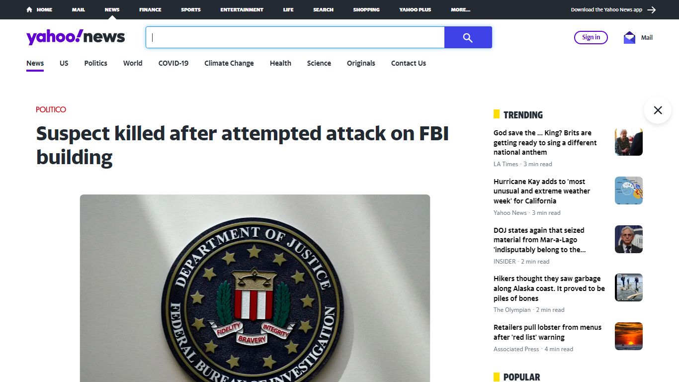Suspect killed after attempted attack on FBI building